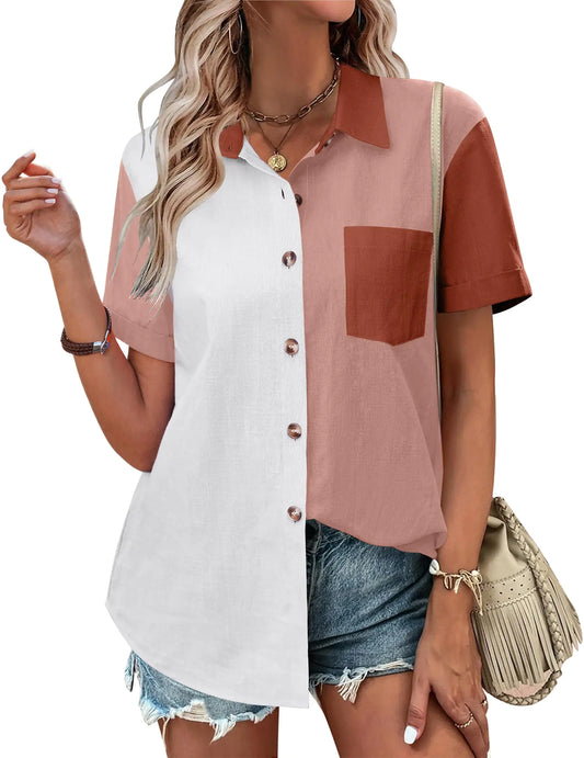 Zeagoo Womens Dress Shirts Color Block Button Down Shirt Short Sleeve Linen Cotton Causal Tops Pink&Caramel