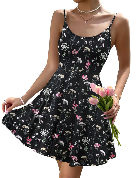 HOTOUCH Casual Dresses for Women O Neck Sleeveless Floral Summer Beach Dress Spaghetti Strap A Line Sundresses with Pockets