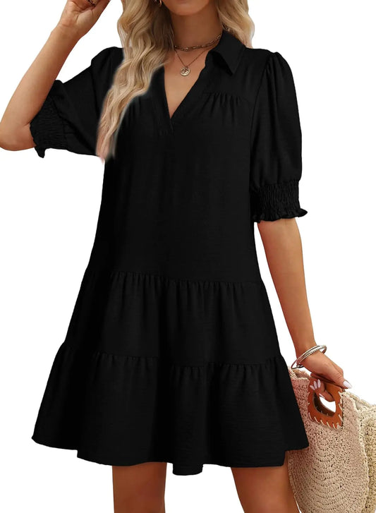 Dokotoo Dresses for Women 2025 Casual Summer Dress Lapel Collared V Neck Mid Sleeved Pleated Resort Wear for Women Stretch Cuff Black Medium