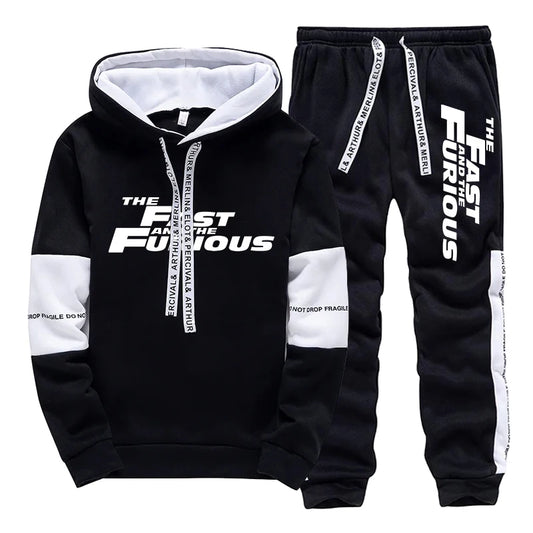 Men's Tracksuit Print Casual Hooded Sweatshirts Set Jogging Clothing Men Daily Commute High Street Fashion Suit 2025 Black White