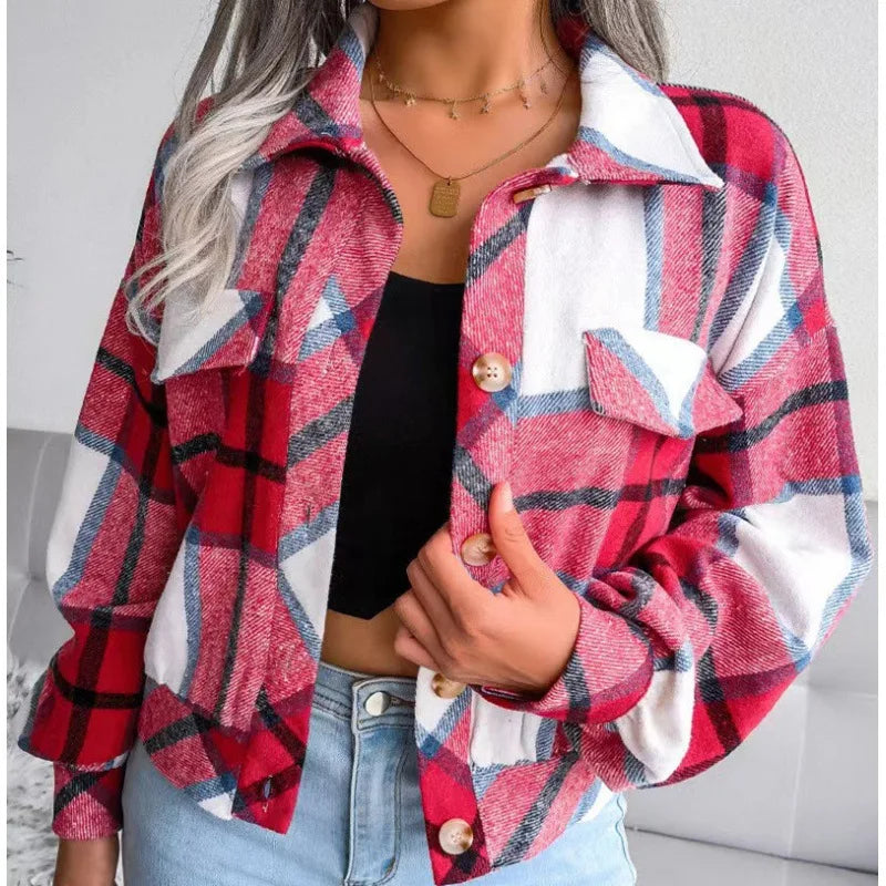 Autumn Plaid Jacket Women Loose Checkered Jacket Female 2024 Winter Fashion Short Coats Thick Warm Shirt Jackets High Street