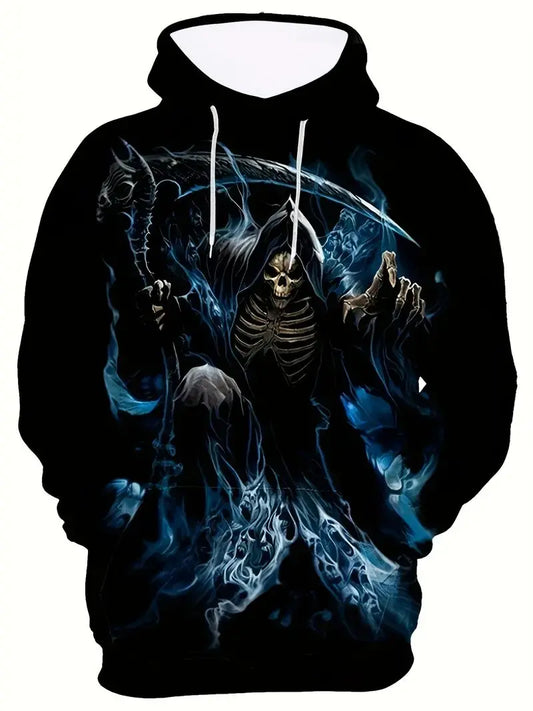 Men's Stylish Skull Graphic Hoodie, Active Slightly Stretch Breathable 3D Print Hooded Shirt, Clothing For Outdoor,Autumn