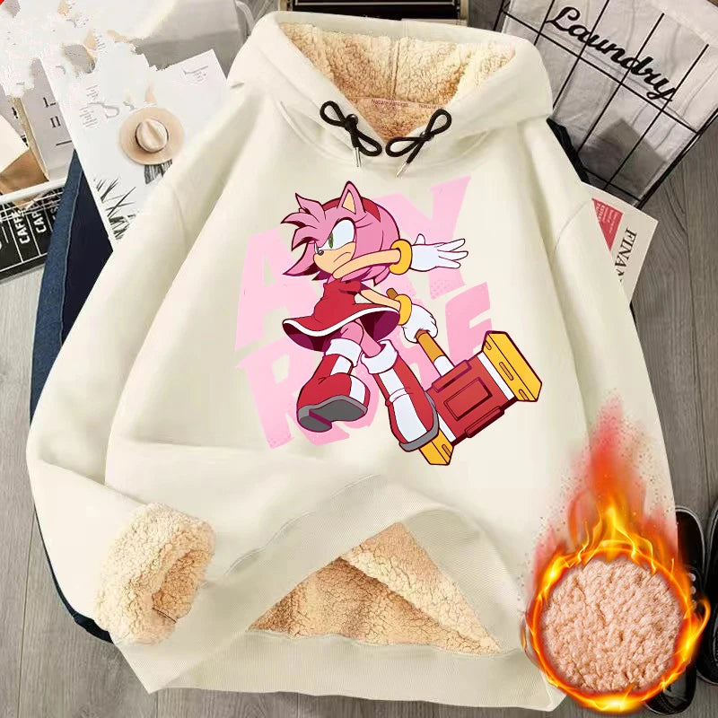 Sonics Winter Warm Thick Hoodies Adult Anime Printed Pullover Men Fashion Casual Clothing Women Cartoon Cute Clothes Gifts 2025