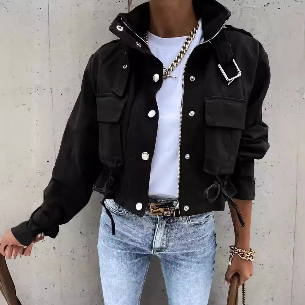 2024 New Casual Jacket Women's Autumn Winter Multi-Pocket High Collar Printed Short Casual Jacket Women's Clothing