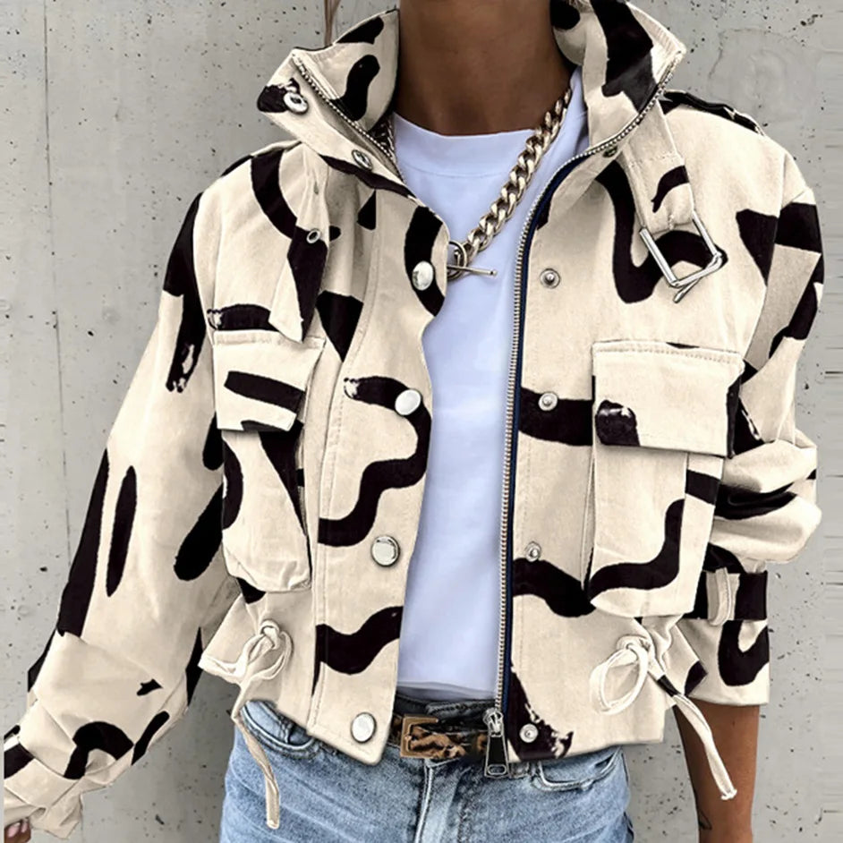 2024 New Casual Jacket Women's Autumn Winter Multi-Pocket High Collar Printed Short Casual Jacket Women's Clothing