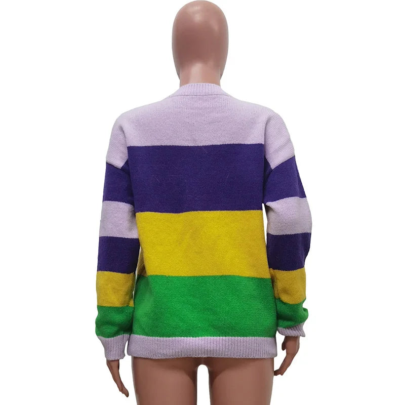 Mardi Gras Clothing Women Letter Sequins Striped Pullover Patchwork Loose Fit O Neck Sweaters