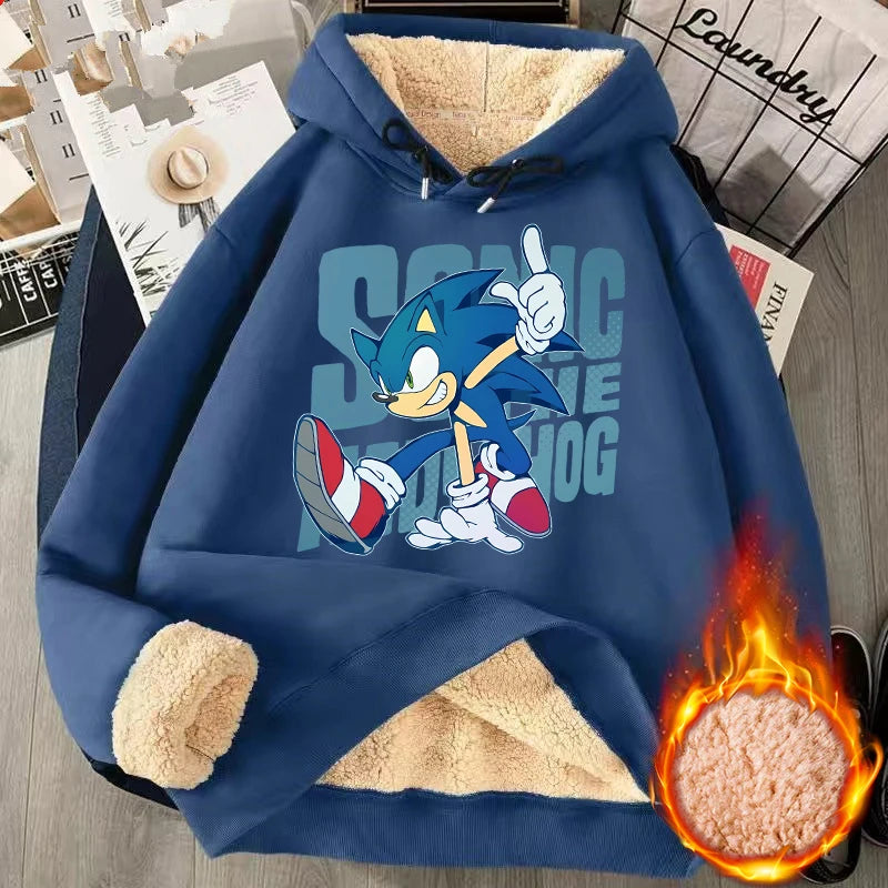 Sonics Winter Warm Thick Hoodies Adult Anime Printed Pullover Men Fashion Casual Clothing Women Cartoon Cute Clothes Gifts 2025