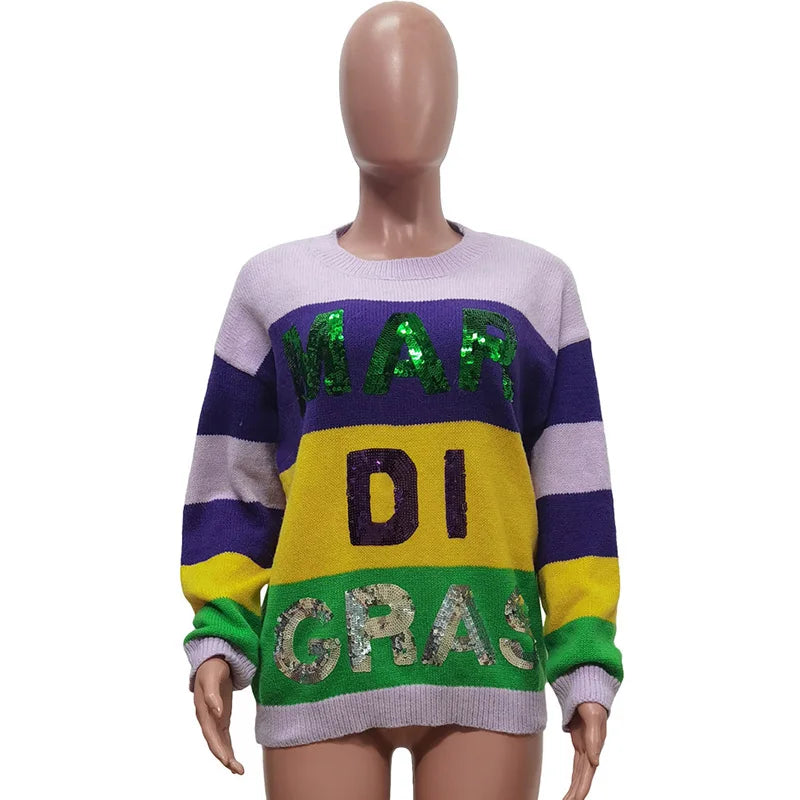 Mardi Gras Clothing Women Letter Sequins Striped Pullover Patchwork Loose Fit O Neck Sweaters