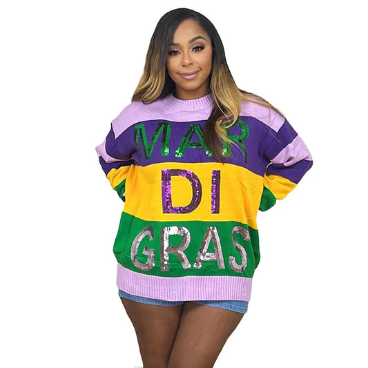 Mardi Gras Clothing Women Letter Sequins Striped Pullover Patchwork Loose Fit O Neck Sweaters