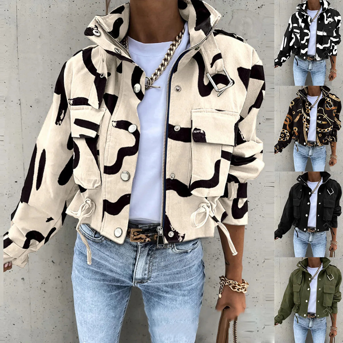 2024 New Casual Jacket Women's Autumn Winter Multi-Pocket High Collar Printed Short Casual Jacket Women's Clothing