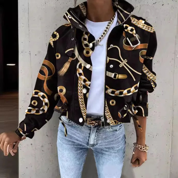 2024 New Casual Jacket Women's Autumn Winter Multi-Pocket High Collar Printed Short Casual Jacket Women's Clothing