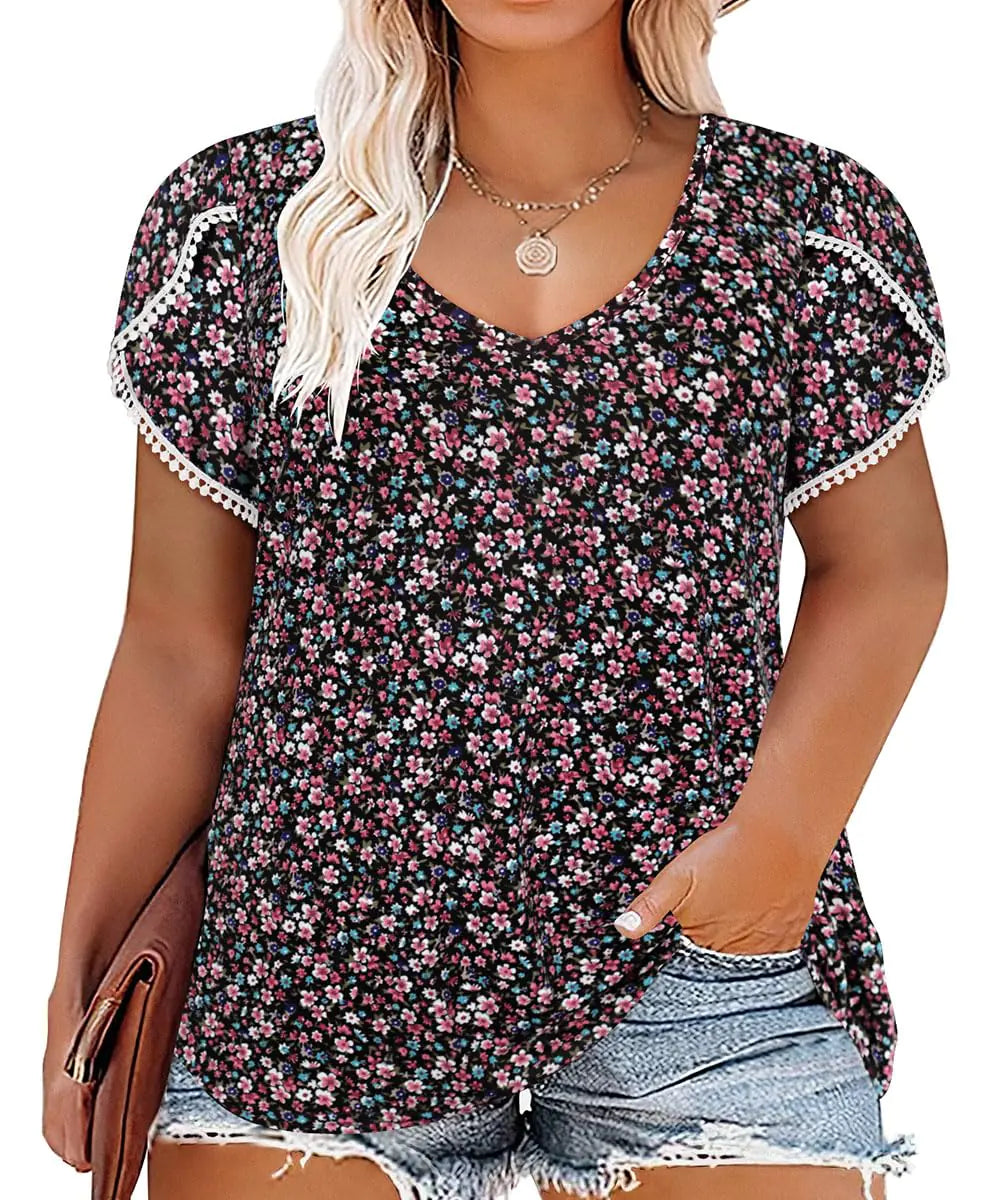 RITERA Plus Size Tops for Women Black Oversized Summer Shirts Tulip Sleeve Loose Summer Tunics Pink Floral Pattern Tshirts for Women 3XL 22W 24W